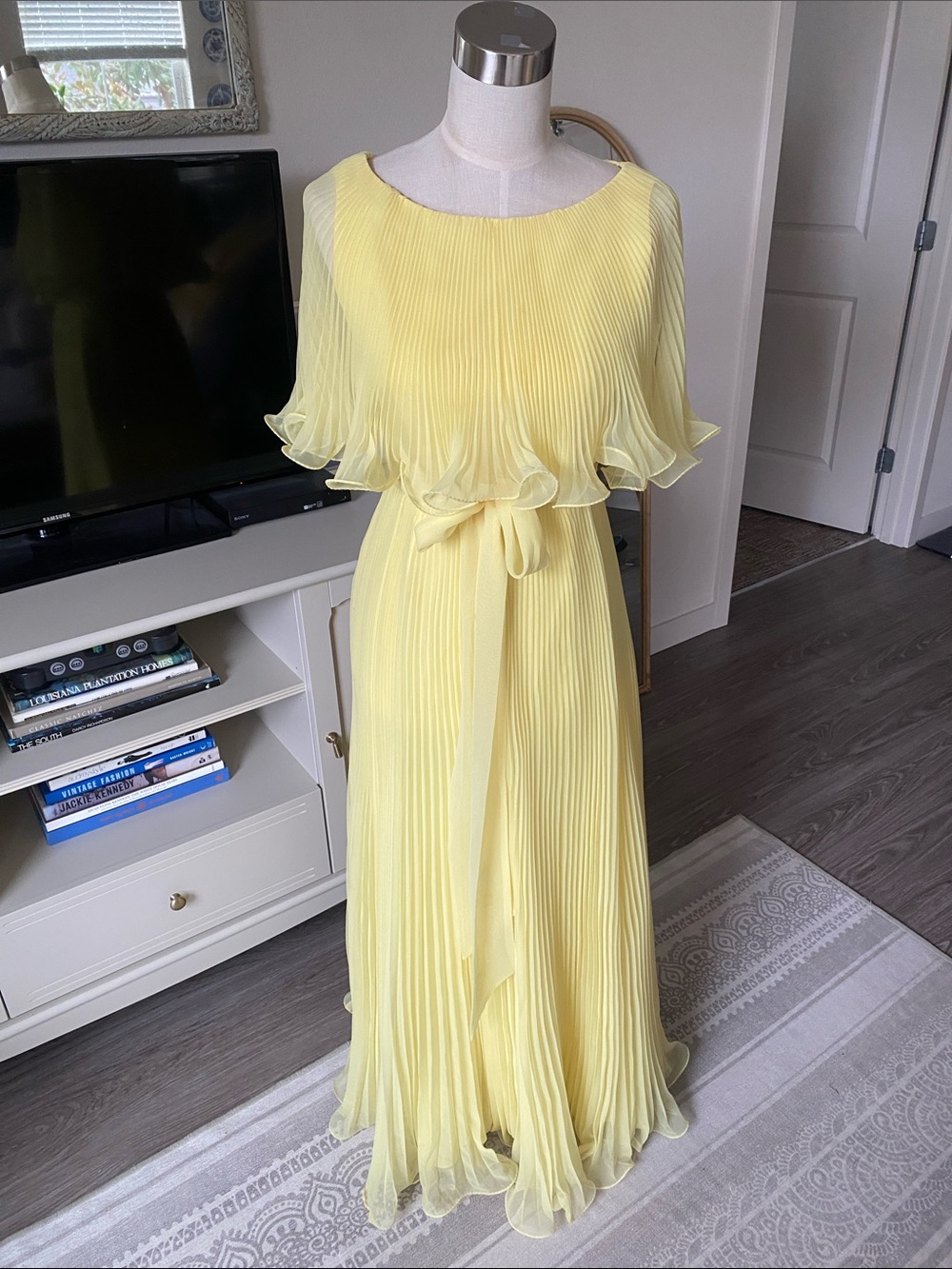 Vintage 1970s Miss Elliette Yellow Pleated Maxi Dress